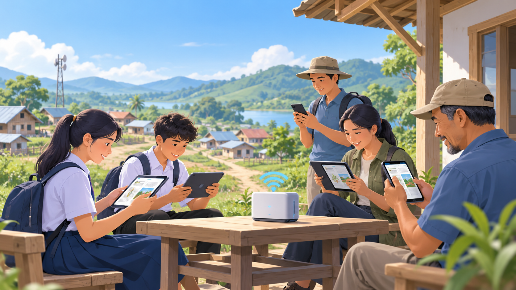 Ilustrasi penggunaan Kubuku Literasi Mobile untuk akses bacaan digital di lokasi dengan koneksi internet terbatas